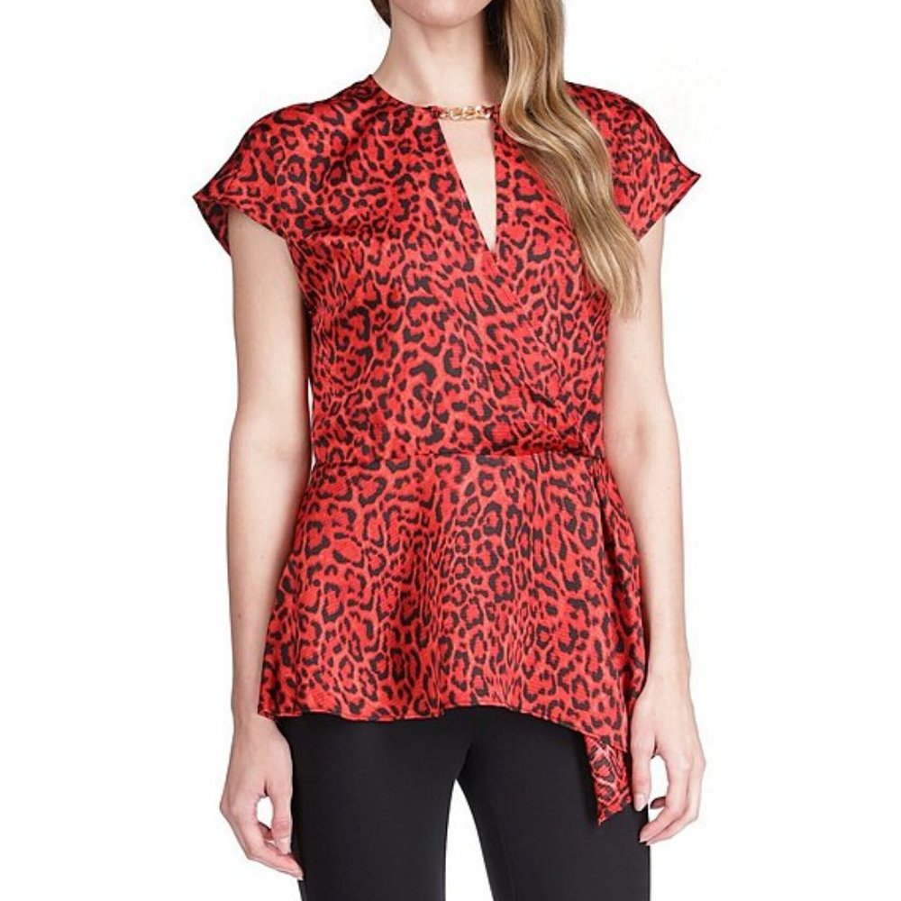 NWT Michael Kors M Cheetah Print Chained V-Neck Assymetrical Hem Blouse Top